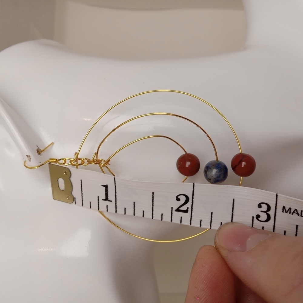 Elegant Gold Earrings with Red Agate And Blue Jasper - Picture 2 of 5